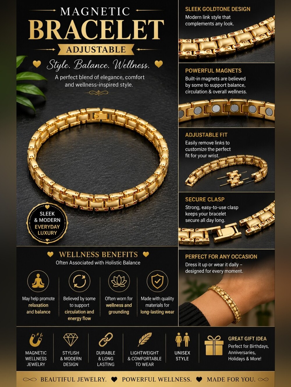 Adjustable Gold Magnetic Wellness Bracelet for Women